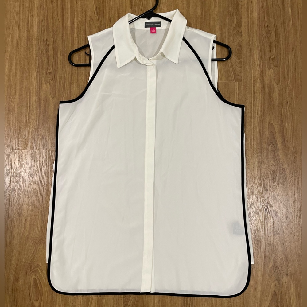 Vince Camuto White Sleeveless Collared Blouse with Black Trim, Women’s Small